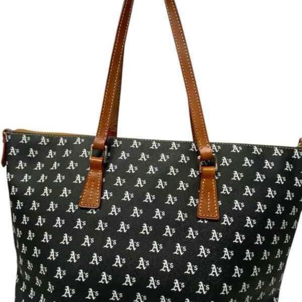Dooney & Bourke Black and Brown Tote with Graphic Pattern and Leather Straps